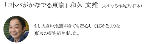 「コトバがかなでる東京」　和久　文雄（あすなろ作業所/栃木）もし大きい地震がきても安心して住めるような東京の街を描きました