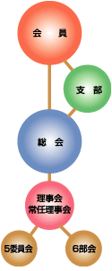組織図です。「会員」と「総会」が繋がっており、地域によってはその間に「支部」が位置します。「総会」からは「理事会・常任理事会」の枝が出て、さらにその先に「５委員会」と「６部会」が繋がっています。