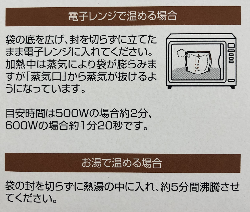 調理方法　電子レンジで温める場合：袋の底を広げ、封を切らずに立てたまま電子レンジに入れてください。加熱中は上記により袋が膨らみますが「蒸気口」から蒸気が抜けるようになっています。目安時間は500Wの場合約2分、600Wの場合約1分20分です。お湯で温める場合：袋の封を切らずに熱湯の中に入れ、約5分間沸騰させてください。